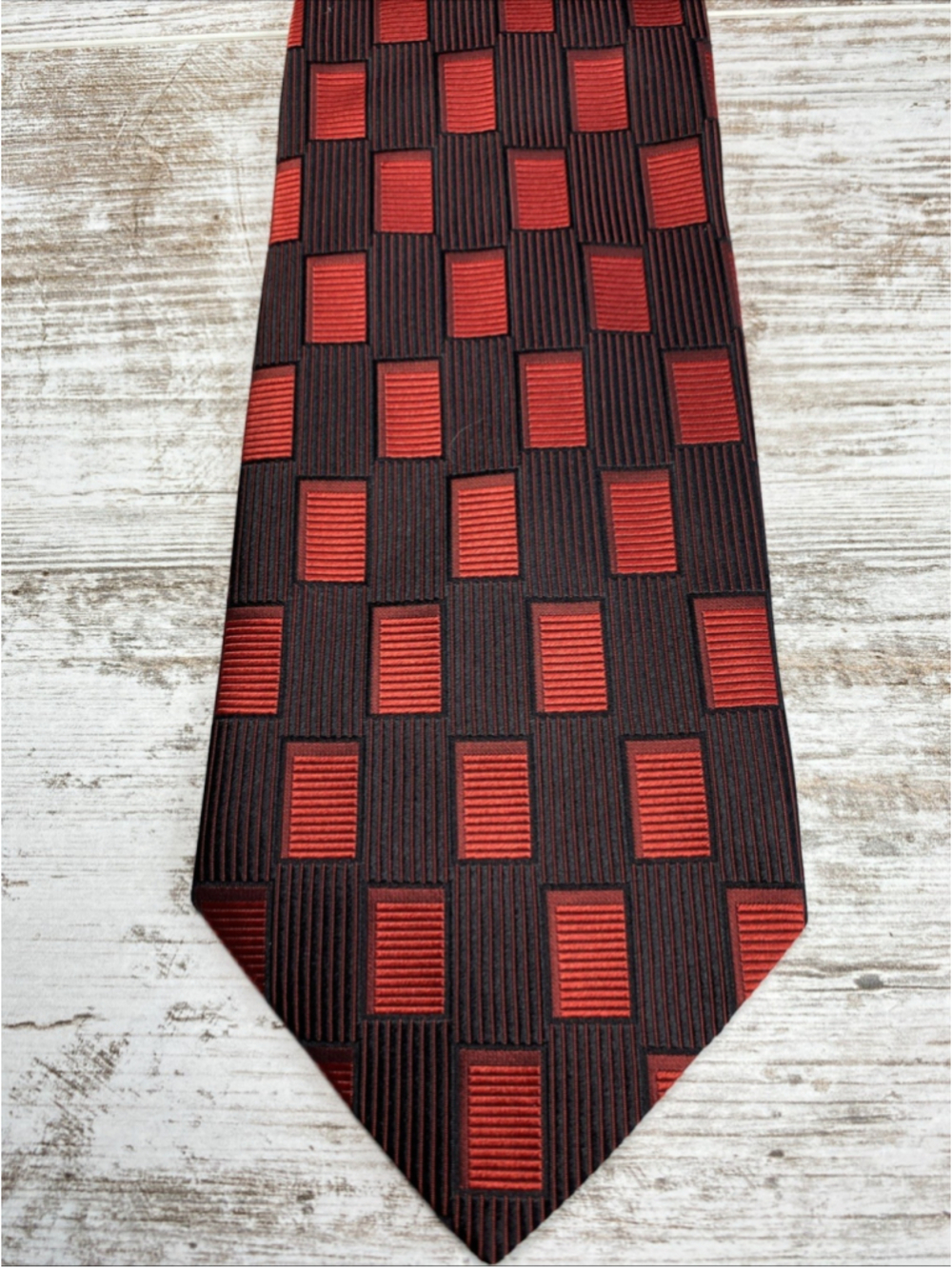 Woodward Italy Silk Necktie Vintage 1990s Red Black Geometric Box Pattern 4”